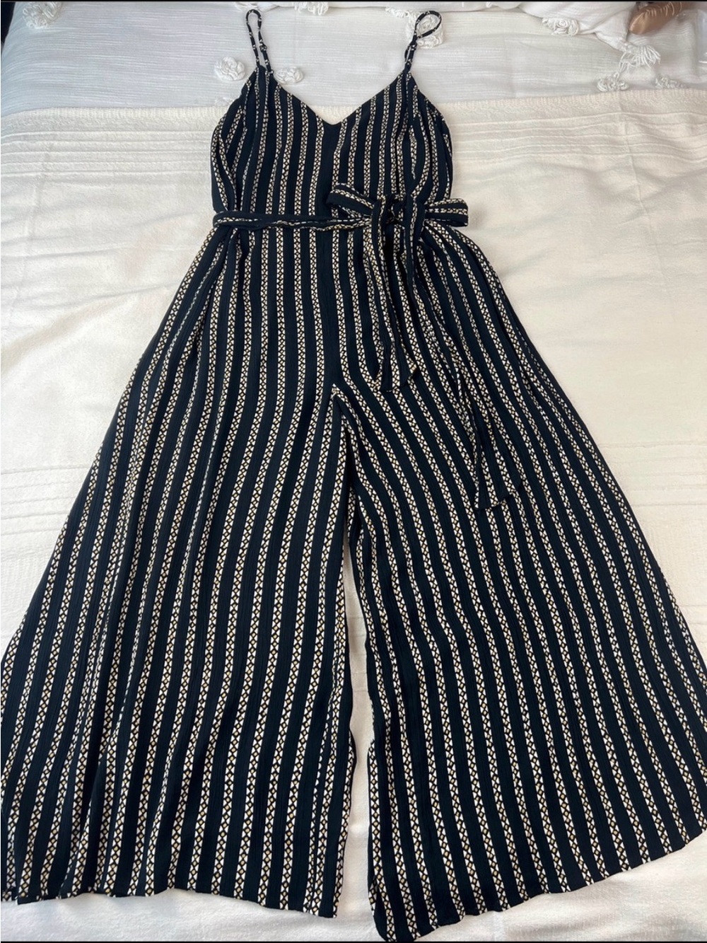 Billabong Black and Cream Striped V-Neck Wide-Leg Jumpsuit